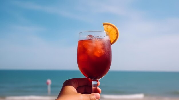 Caucasian hand holding glass of red fruit cocktail on blurry sea horizon background at sunny day neural network generated in may 2023 not based on any actual person scene or pattern