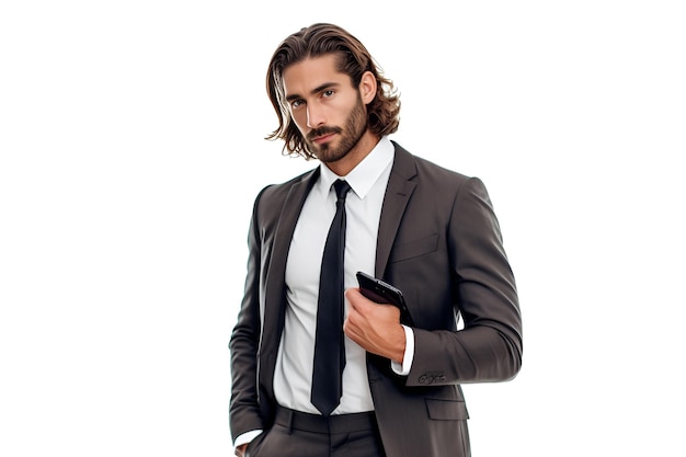 A caucasian handsome long hair charming businessman in suit and tie