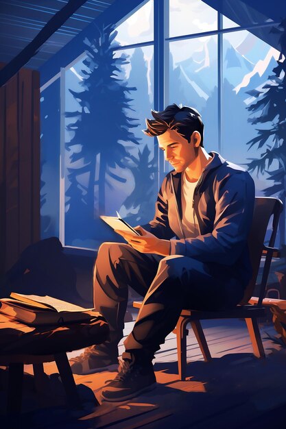 Caucasian handsome man indulging in reading near fireplace in a cozy wooden house