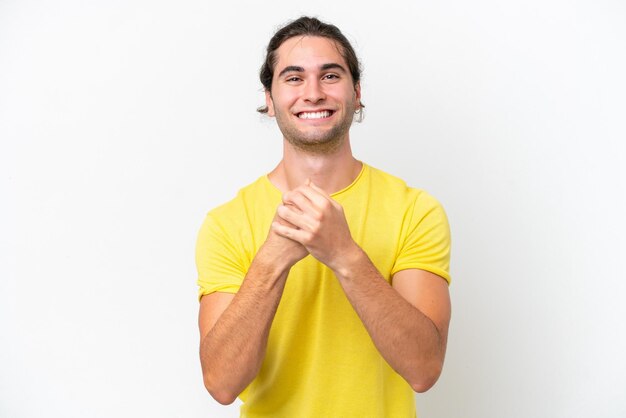 Caucasian handsome man isolated on white background laughing