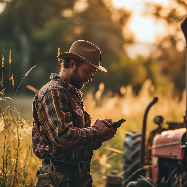 Caucasian handsome young man farmer in hat standing Ai generative