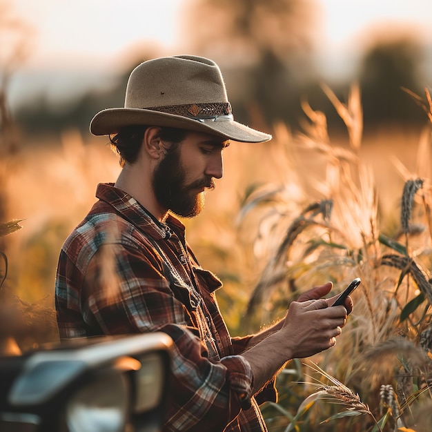 Caucasian handsome young man farmer in hat standing Ai generative