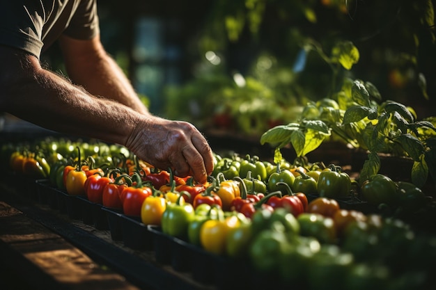 Caucasian hardworking man grows fresh peppers in a greenhouse