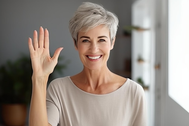 Caucasian housewife with short hair looking good raising hands good health concept