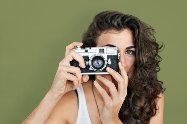 Caucasian Lady Holding Camera Concept