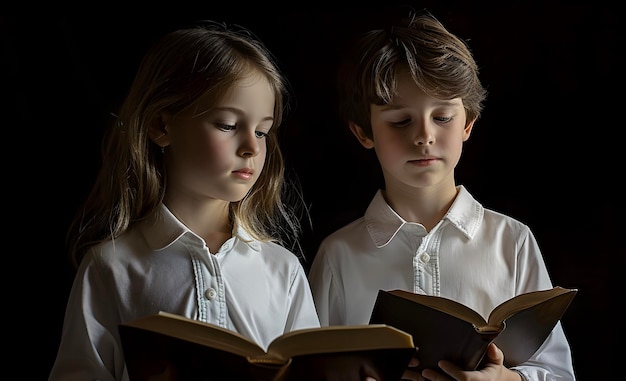白人の男の子と女の子が聖書の本を読んで 黒い背景に隔離されています