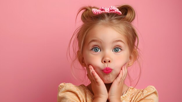 Caucasian little girl making faces against a clean backdrop with a big copy space Generative AI