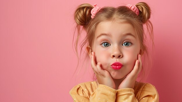 Caucasian little girl making faces against a clean backdrop with a big copy space Generative AI