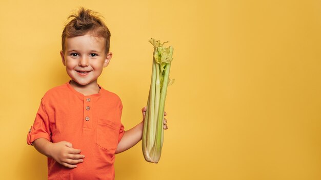 白人の小さな幸せな少年は、黄色の背景に新鮮な生のセロリの茎を持っています。テキスト用のスペース。健康的なライフスタイル、ダイエットのコンセプト、菜食主義、ローフード。