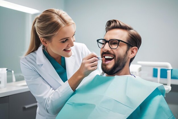 Foto dentista maschio caucasico e infermiera dentista donna che esaminano i denti