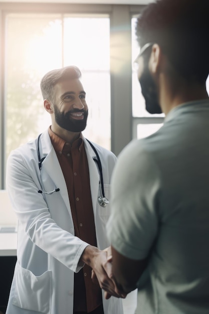 Caucasian male doctor shaking hands with patient created using generative ai technology