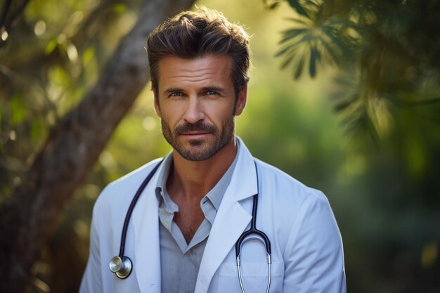 Photo caucasian male doctor in a shirt wearing a white coat and stethoscope looking at the camera