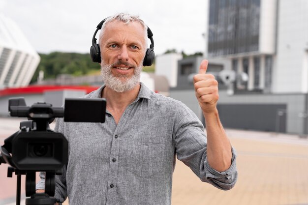 Photo caucasian male filming the news