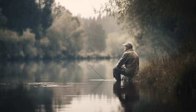 Caucasian male fishing in tranquil autumn pond generated by AI