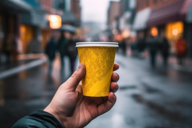 A caucasian male holds yellow paper cup of coffee in his hand Closeup photo