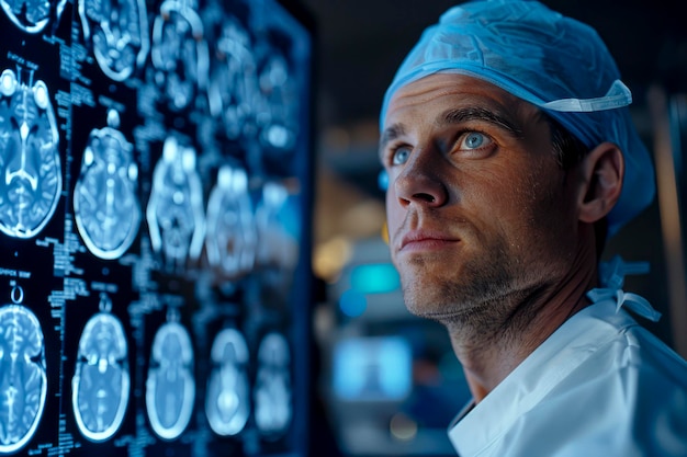 Caucasian male neurosurgeon analyzing brain mri scans for complicated neurosurgery in medical hospital research laboratory