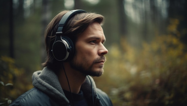 Caucasian man in autumn forest listening to music generated by AI