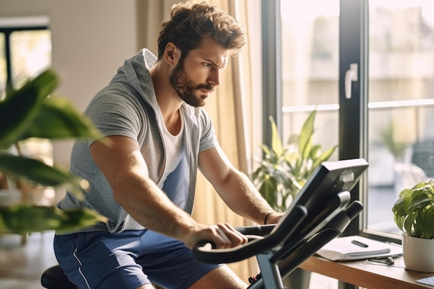 Caucasian man in bright sport clothes at home gym AI Generated