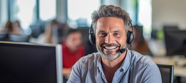 Photo caucasian man call center customer support with headset ai