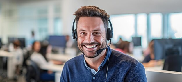 Photo caucasian man call center customer support with headset ai