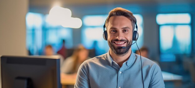 Photo caucasian man call center customer support with headset ai