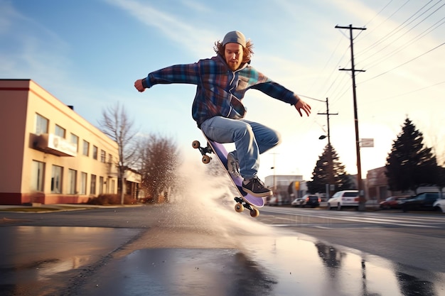 Photo a caucasian man doing tricks or jumping on a skateboard at the street young man with skater jumping