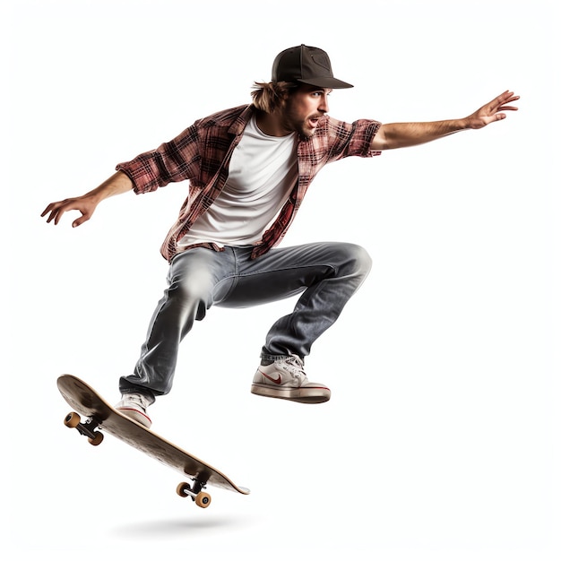 A caucasian man doing tricks or jumping on a skateboard at the street Young man with skater jumping