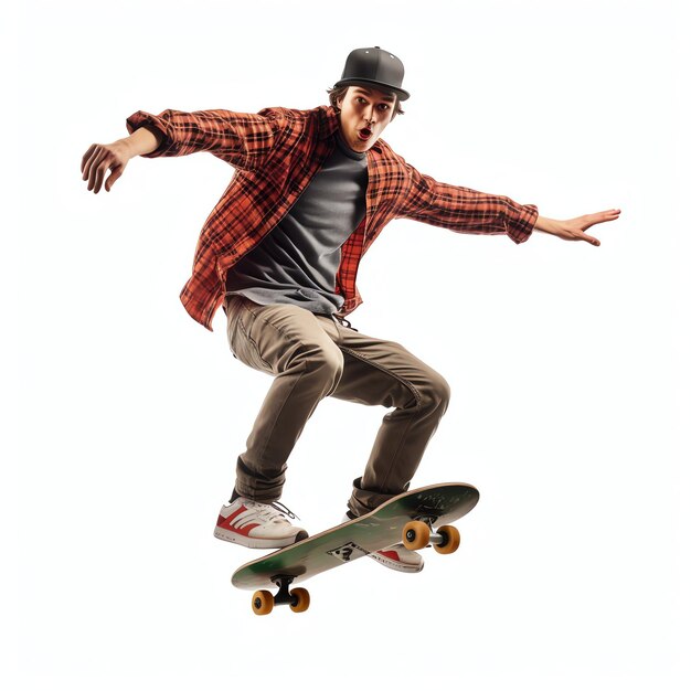 A caucasian man doing tricks or jumping on a skateboard at the street Young man with skater jumping