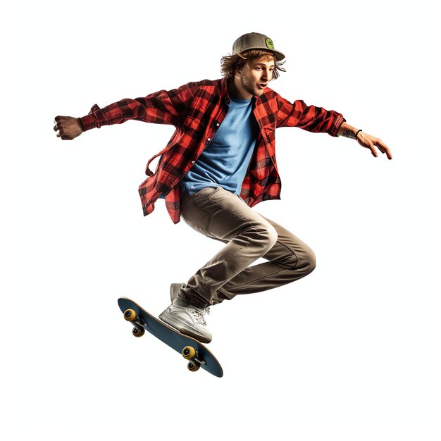 A caucasian man doing tricks or jumping on a skateboard at the street Young man with skater jumping