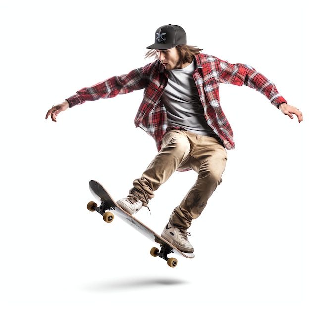 A caucasian man doing tricks or jumping on a skateboard at the street Young man with skater jumping