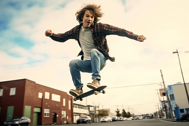 Photo a caucasian man doing tricks or jumping on a skateboard at the street young man with skater jumping