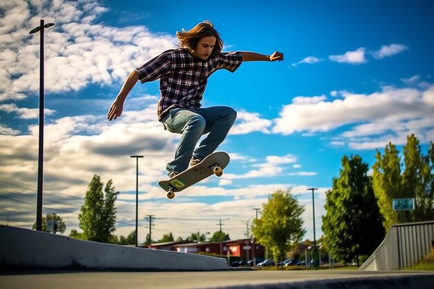 Photo a caucasian man doing tricks or jumping on a skateboard at the street young man with skater jumping