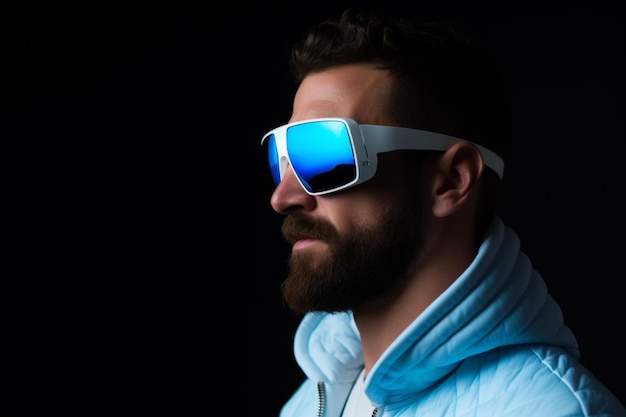 Photo caucasian man guy use computer technology person wear vr headset virtual reality goggles exploration