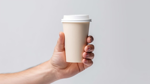 Caucasian man hand holding a white blank coffee paper cup Generative AI