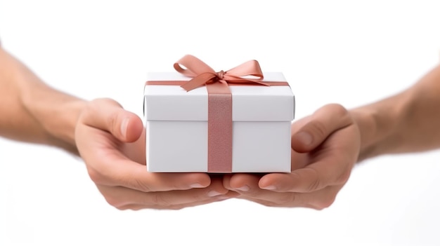 Caucasian man hand holding a white gift box with ribbon Generative AI