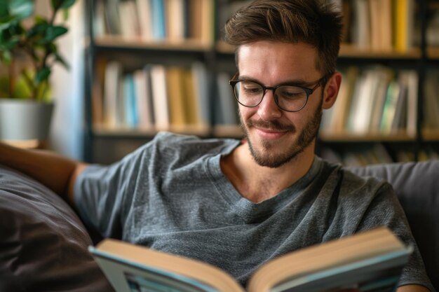 Caucasian man happily reading book on couch at home