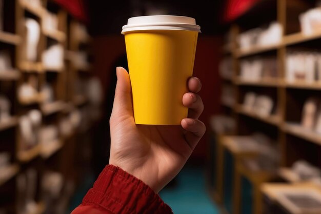 Foto un uomo caucasico tiene una tazza di caffè di carta gialla in biblioteca