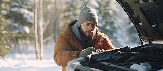 写真 雪に覆われた森の中で故障した車を持つ白人男性が整備士を呼び出す空の道