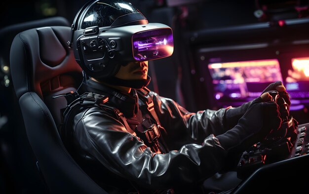 Caucasian man is driving in Futuristic simulator seat cockpit He playing smart video games motor