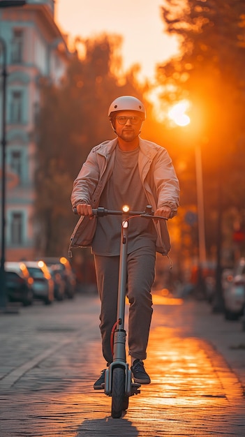 A Caucasian man is seen riding an electric scooter at dusk