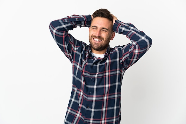 Caucasian man isolated on white laughing