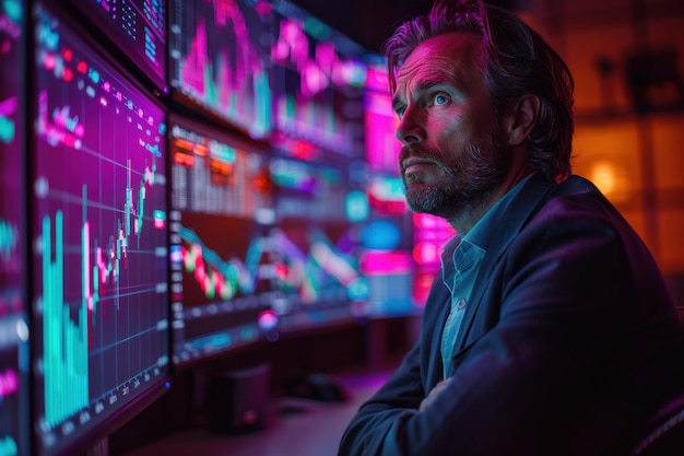 Caucasian man trader in suit on the background of huge monitors with charts