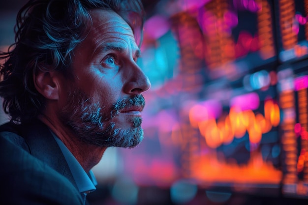 Caucasian man trader in suit on the background of huge monitors with charts