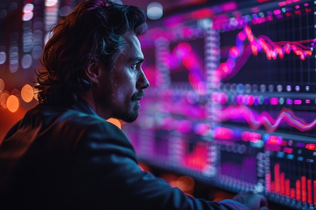 Caucasian man trader in suit on the background of huge monitors with charts