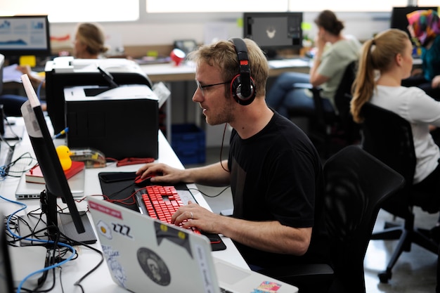 Caucasian man using computer laptop