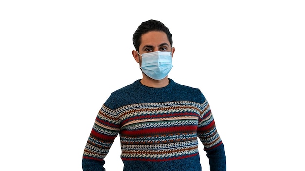 Caucasian man using sterile face mask isolated on white background studio. Guy at quarantine pandemic coronavirus virus concept.