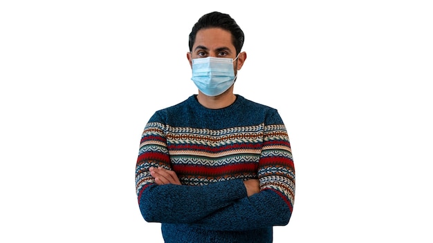 Caucasian man using sterile face mask isolated on white background studio