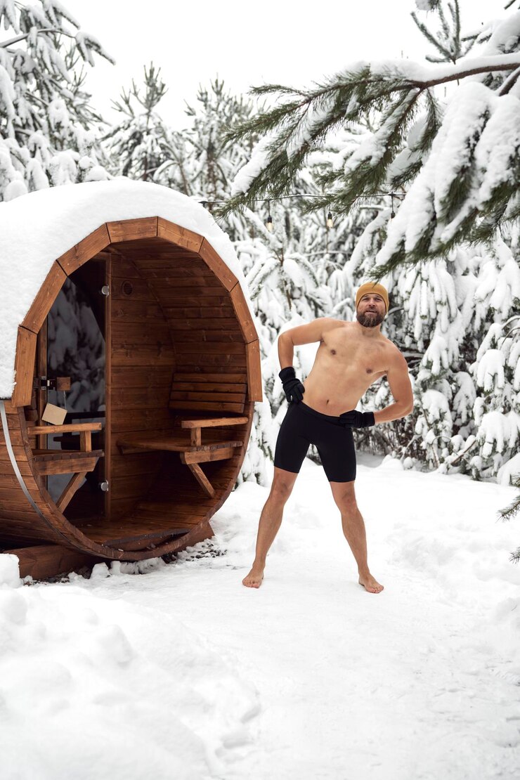 Photo caucasian man warming up before winter swim