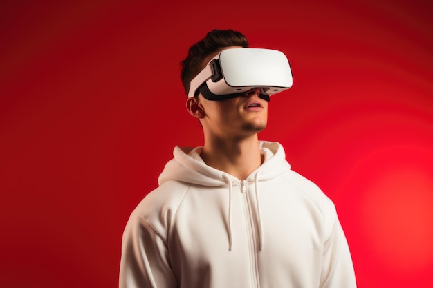 Caucasian man wearing vr and ar headset on red background created using generative ai technology