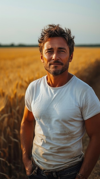 Caucasian man in white tshirt and jeans on background summer field